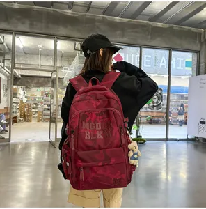 Red camouflage backpack for women, large capacity multi-compartment student school bag.
