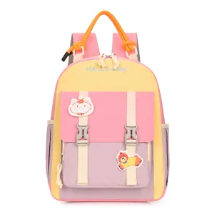 Cute color-blocking kids backpack for preschool students, stylish and lightweight school bag.