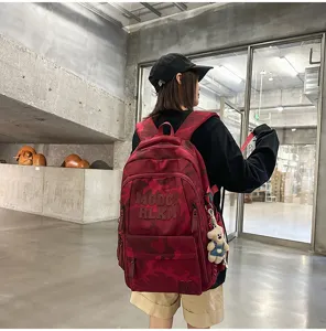 Detailed view of large capacity red camouflage backpack for students in urban style
