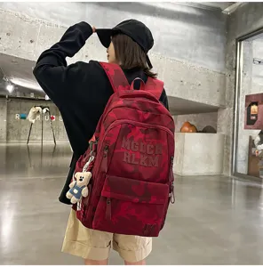 Red camo backpack for women large capacity school book bag trendy streetwear rucksack