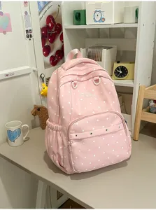 Sac à dos rose à pois pour femmes, joli cartable style collégien avec grande capacité.