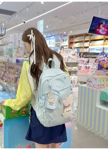 Detailansicht eines niedlichen hellblauen Studentenrucksacks mit transparenter Fronttasche.