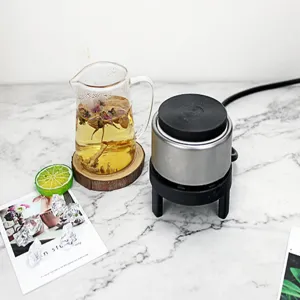 Detail view of 300W mini electric heating stove and clear glass teapot set on marble.