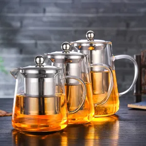 Set di teiere in vetro resistente al calore con filtro in acciaio inox per tè sfuso.
