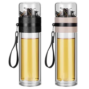 Tasse a thé en verre a double paroi avec infuseur et sangle pour bureau ou voyage.