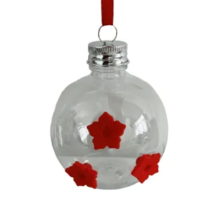 Comedero para colibries transparente de plastico con flores rojas y cinta para jardin.