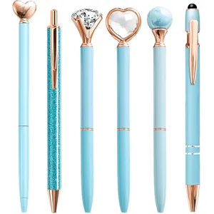 Set of 6 light blue rose gold ballpoint pens with diamond heart crystal stylus top office decor