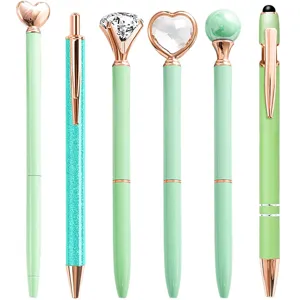 6-piece decorative ballpoint pen set with crystal diamond and metal accents for office use.