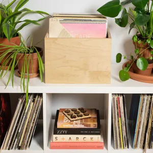 Boîte de rangement en bois pour disques vinyles et séparateur de lettres pour le bureau.
