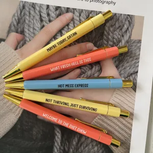Set de bolígrafos divertidos y humorísticos con cuerpos coloridos y frases sarcásticas.