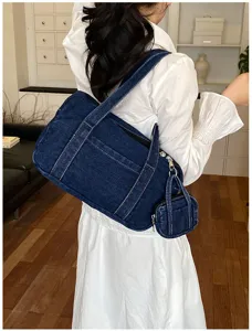 Dark blue denim shoulder bag for women, vintage casual tote purse with small coin pouch.
