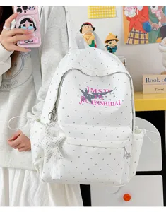 Japanese anime style polka dot school backpack with star and letter print, large capacity.