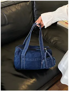 Casual vintage wash denim shoulder bag with small coin purse, stylish daily handbag.