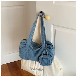 Vintage washed denim shoulder bag for women, casual commuter tote with a cute mini pouch.