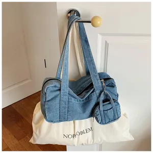 Vintage washed denim shoulder tote bag for women casual daily commuting handbag with purse.