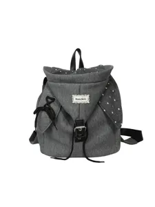 Grauer Kordelzug Rucksack aus Canvas für Damen, stilvoller minimalistischer Schulranzen mit Punkten.