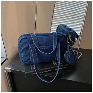 Classic dark blue denim tote bag for women, casual retro shoulder bag with matching coin pouch.