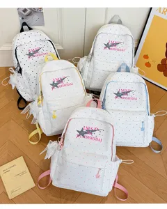 Detailed view of large capacity school backpack with polka dots and star prints for students.