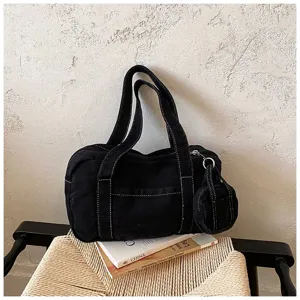 Black denim canvas shoulder tote bag casual vintage retro underarm purse with small pouch.