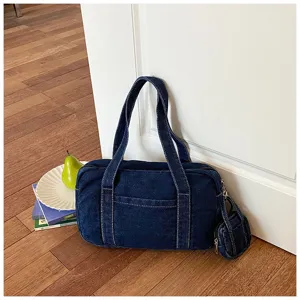 Vintage Washed Denim Tote Bag Casual Women Shoulder Bag with Mini Pouch Daily Commuting Handbag
