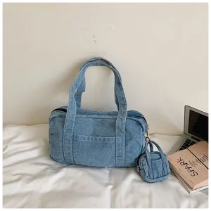 Vintage washed denim tote bag with mini pouch pendant, casual commuter shoulder bag for women.