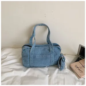 Vintage washed denim shoulder tote bag casual stylish handbag with small coin pouch for women.