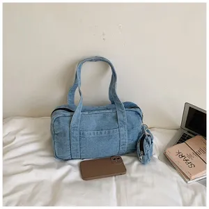 Vintage distressed wash denim women commute tote bag casual versatile shoulder handbag