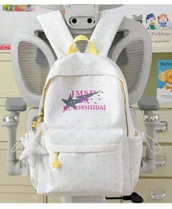 Japanese anime polka dot backpack detail showing star print, large capacity student schoolbag.
