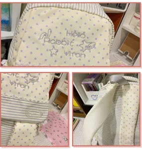Sac à dos d'école rayé étoile mignon de style Harajuku vue détaillée avec broderie et dentelle.