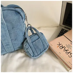 Vintage washed denim tote bag for women casual commuter shoulder bag with mini charm bag