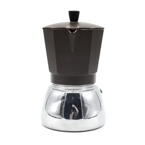 Cafetière italienne classique octogonale avec corps marron et base argentée pour expresso.