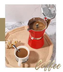 Classic red aluminum moka pot italian espresso maker with wooden handle for coffee lovers