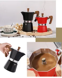 Close-up details of classic octagonal aluminum moka pot with wooden handle and interior view.