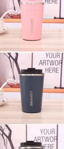 Stainless steel vacuum insulated travel coffee cup detail view, portable office mug.