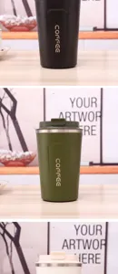 Stainless steel vacuum insulated coffee cup, portable travel mug for office and outdoor use.