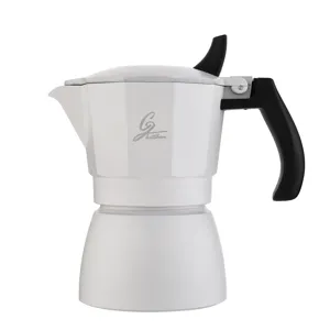 Detailansicht des weißen Espressokochers, klassische Mokkakammer mit ergonomischem Griff.