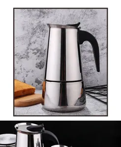 Edelstahl Mokakanne Detailaufnahme, klassischer Espresso Kaffeebereiter für die Küche.