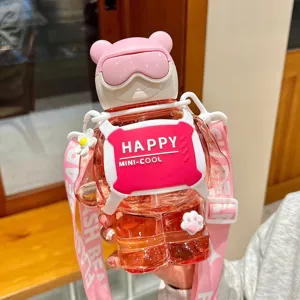Dettaglio borraccia plastica orso carino con cannuccia, design unico e tracolla rosa.