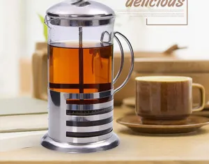 Roestvrijstalen French press detail, hittebestendige glazen koffie- en theemaker voor thuis.