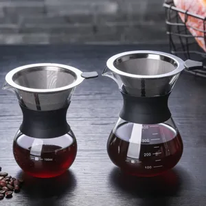 Hittebestendige glazen pour-over koffiezetapparaat set met een fijn rvs filter.