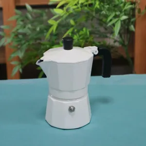 White stovetop espresso maker classic moka pot with heat resistant handle for home kitchen use