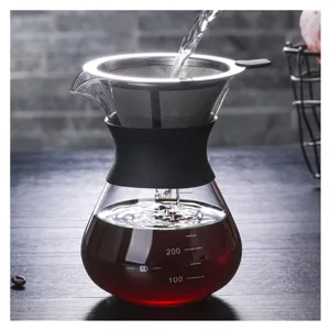 Hittebestendig glas pour over koffiezetapparaat set met roestvrijstalen filter en kan hoofdaanzicht