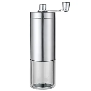 Edelstahl manuelle Kaffeemühle Nahaufnahme Ansicht mit tragbarem Handkurbel Design.