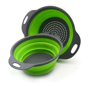 Collapsible plastic colander detail showing folding structure and drainage holes for kitchen.
