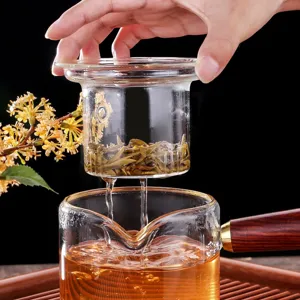 Glass teapot with wooden handle and infuser basket, heat resistant tea maker for loose leaf tea.