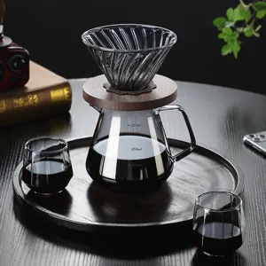 Borosilicate glass pour over coffee maker set with wooden holder and 600ml server carafe for home