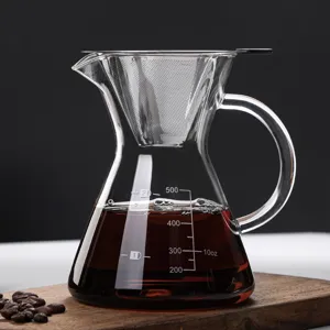Hitzebeständige Glas-Kaffeebereiter für Handfilter mit Edelstahldrahtfilter und Skala.