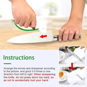 Handheld portable knife sharpener detail showing instructions and paper cutting test steps.