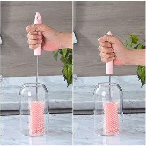 Semi-automatic press-type silicone cup brush with stainless steel handle for glass cleaning.