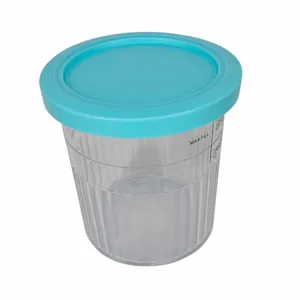 Tarro de helado compatible con Ninja Creami, recipiente transparente con tapa cian.
